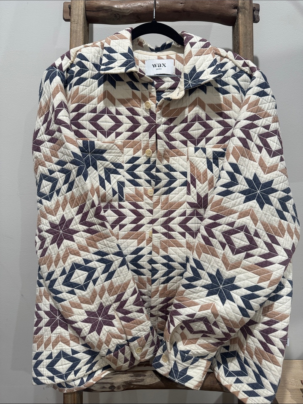 Wax Quilted Geometric Button-Front Shirt Jacket — Cream, Navy & Brown